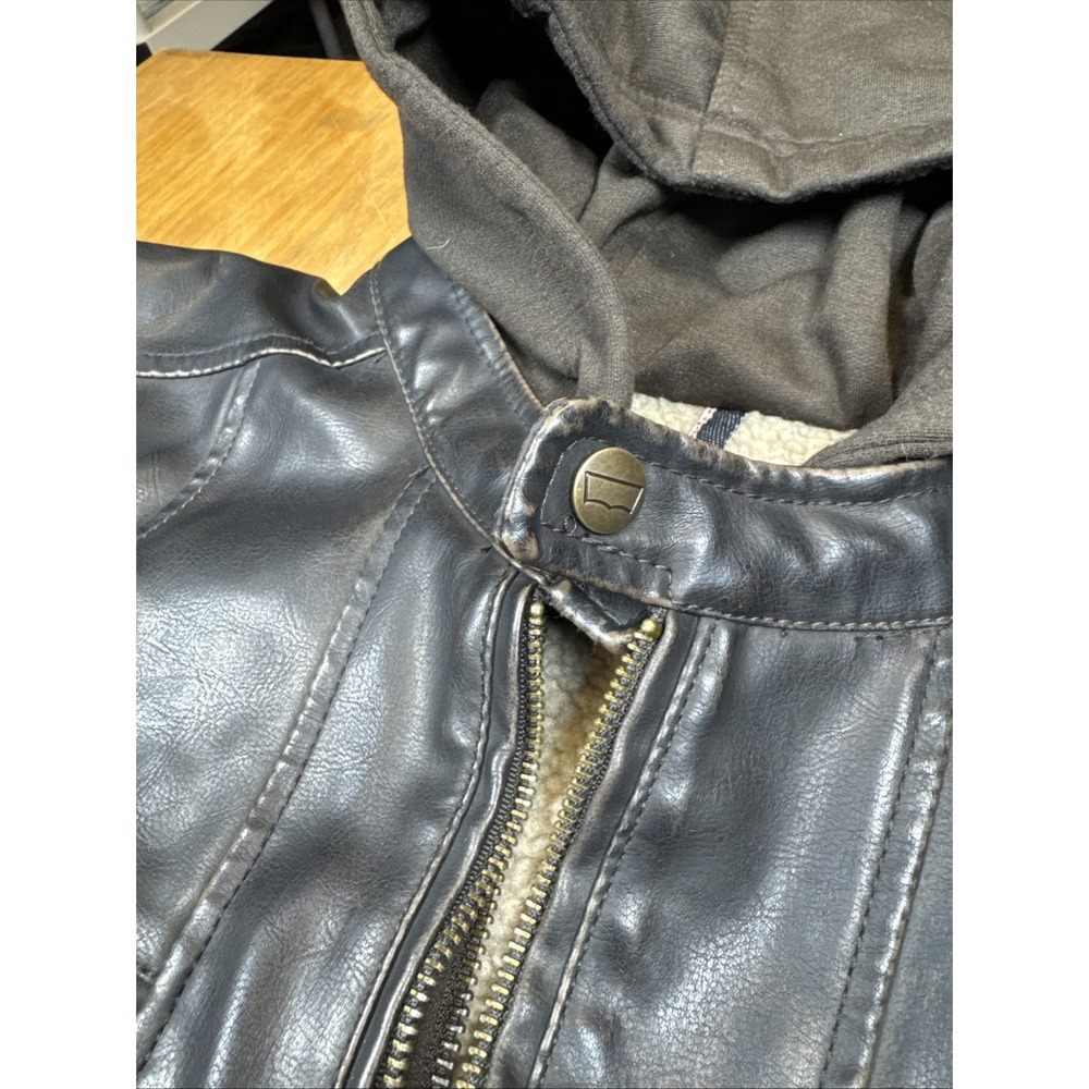 Levi's Men's Black Faux Leather Hooded Jacket Zip Front Coat Sz Large Biker - Picture 15 of 16